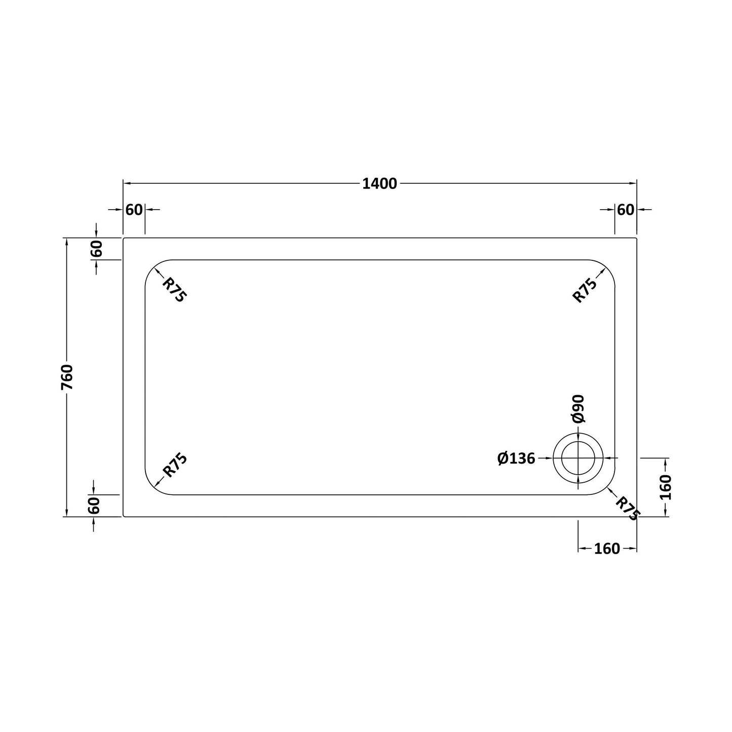 [BETASP1476] White Rectangular Stone Slip Resistant Shower Tray - Available in Multiple Sizes - Technical Drawing