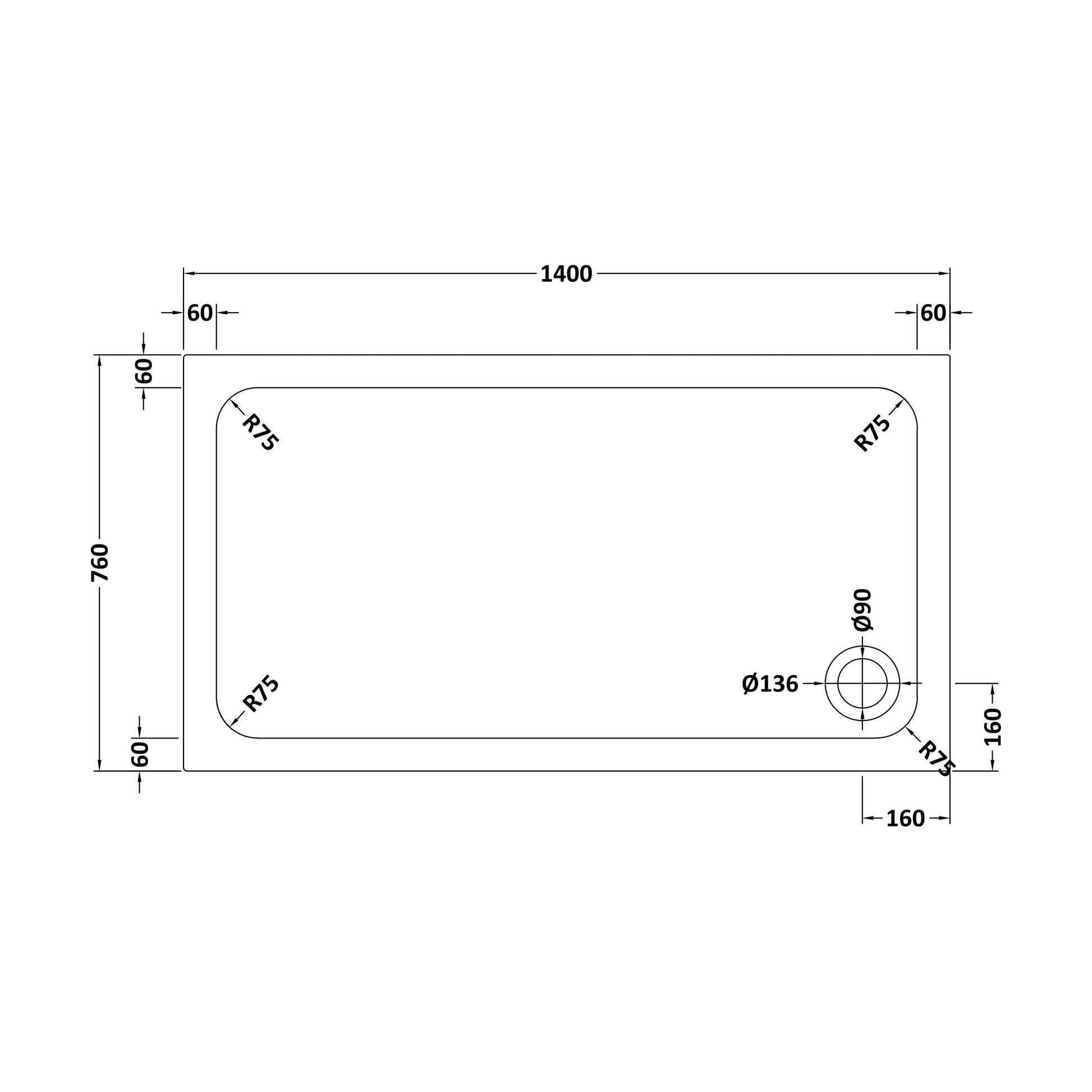 [BETASP1476] White Rectangular Stone Slip Resistant Shower Tray - Available in Multiple Sizes - Technical Drawing
