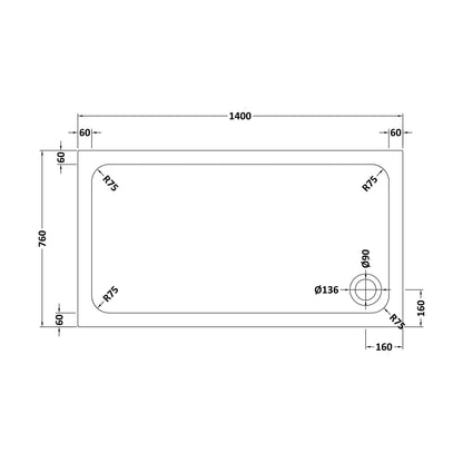[BETASP1476] White Rectangular Stone Slip Resistant Shower Tray - Available in Multiple Sizes - Technical Drawing