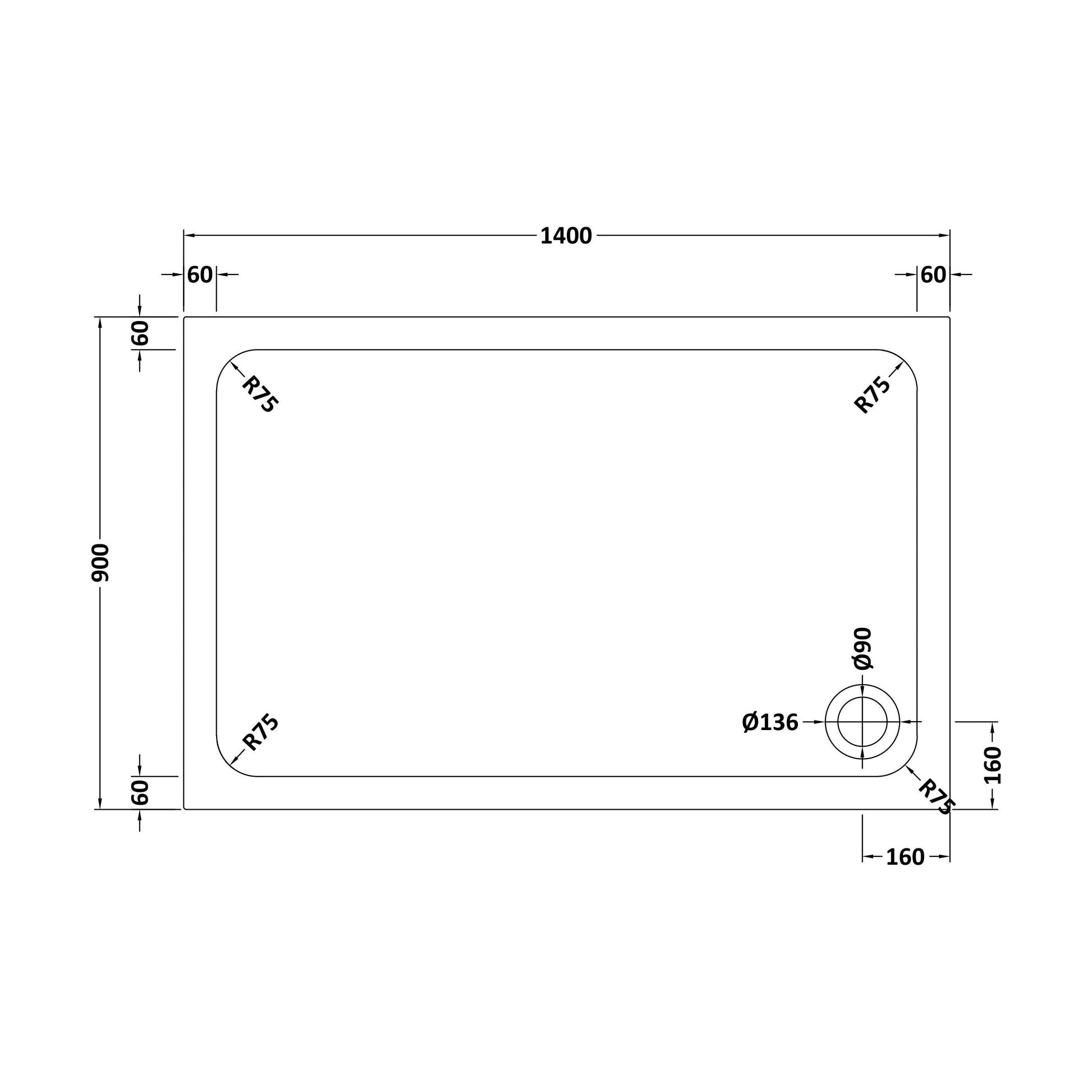 [BETASP1490] White Rectangular Stone Slip Resistant Shower Tray - Available in Multiple Sizes - Technical Drawing