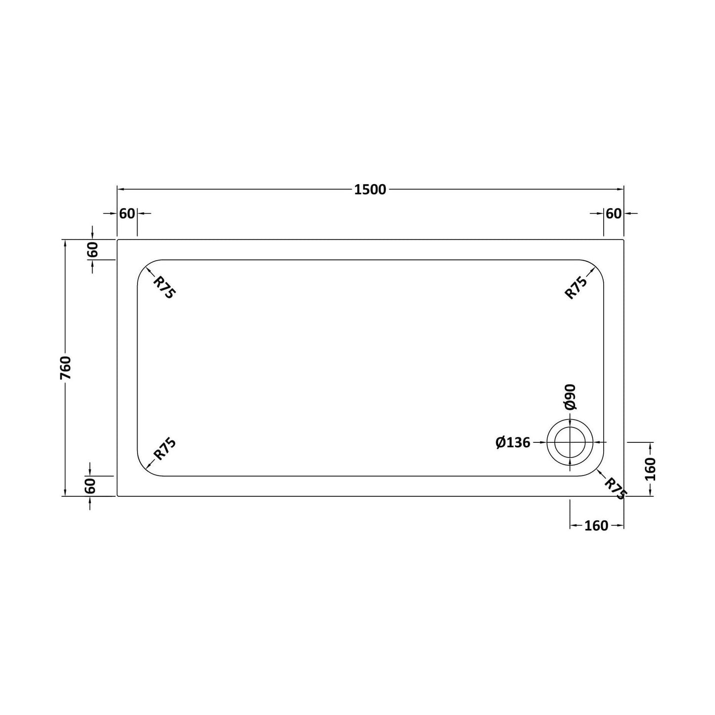 [BETASP1576] White Rectangular Stone Slip Resistant Shower Tray - Available in Multiple Sizes - Technical Drawing