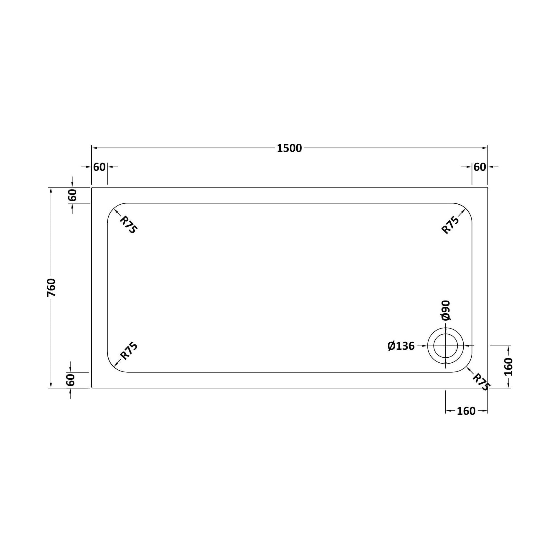 [BETASP1576] White Rectangular Stone Slip Resistant Shower Tray - Available in Multiple Sizes - Technical Drawing