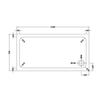 [BETASP1576] White Rectangular Stone Slip Resistant Shower Tray - Available in Multiple Sizes - Technical Drawing