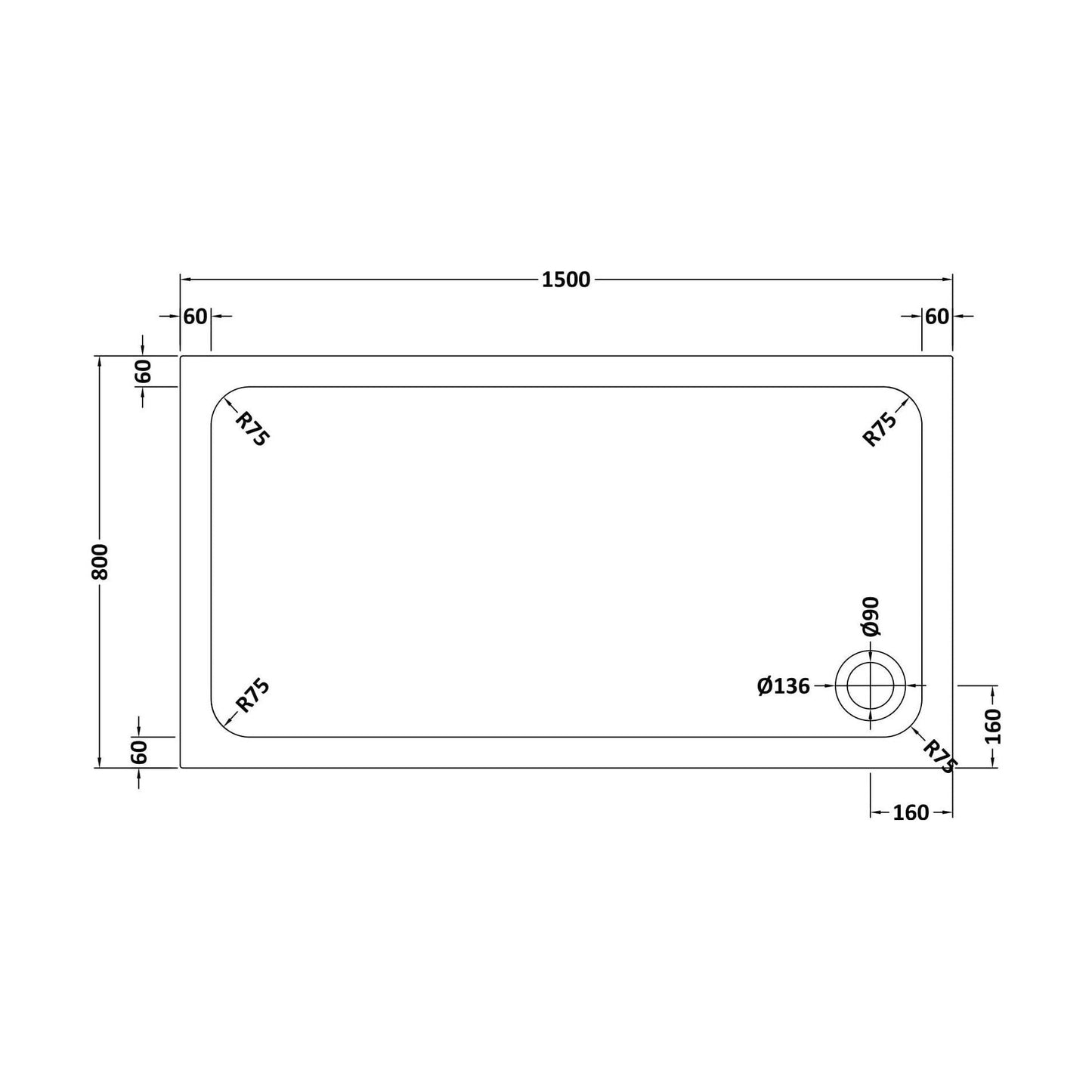 [BETASP1580] White Rectangular Stone Slip Resistant Shower Tray - Available in Multiple Sizes - Technical Drawing