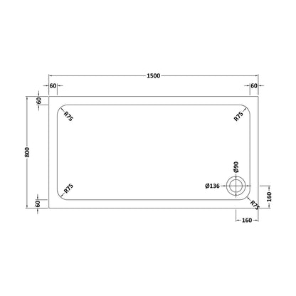 [BETASP1580] White Rectangular Stone Slip Resistant Shower Tray - Available in Multiple Sizes - Technical Drawing