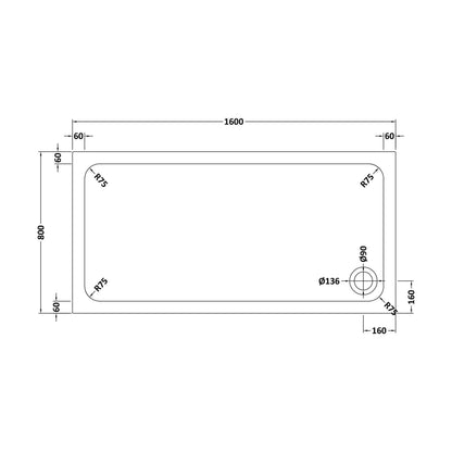 [BETASP1680] White Rectangular Stone Slip Resistant Shower Tray - Available in Multiple Sizes - Technical Drawing
