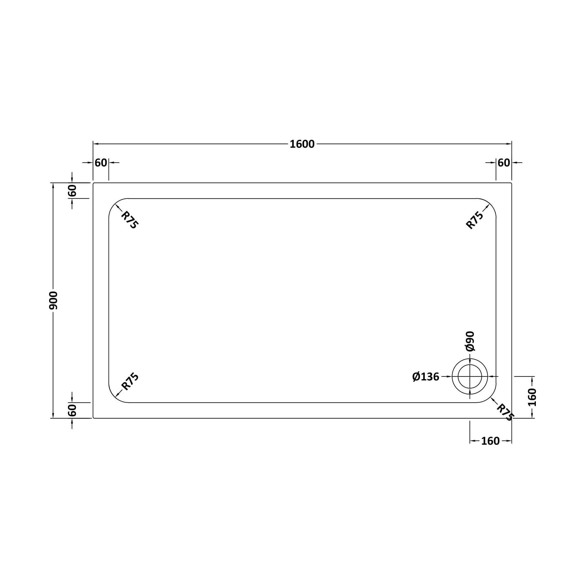 [BETASP1690] White Rectangular Stone Slip Resistant Shower Tray - Available in Multiple Sizes - Technical Drawing