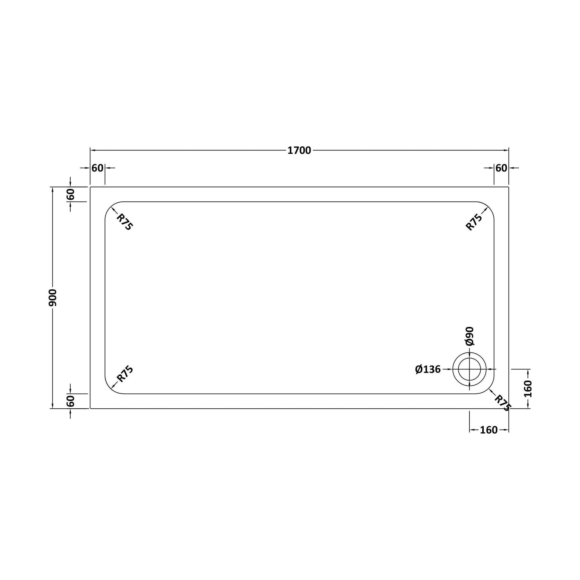 [BETASP1790] White Rectangular Stone Slip Resistant Shower Tray - Available in Multiple Sizes - Technical Drawing