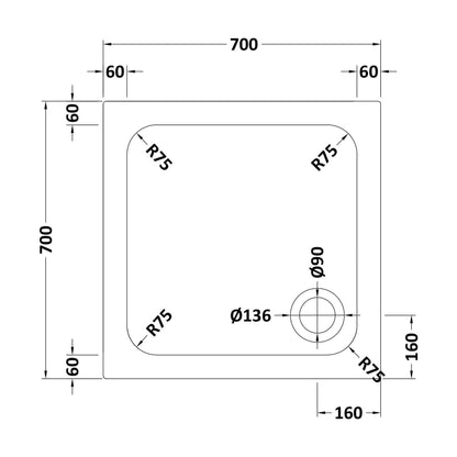 [BETASP7070] White Square Stone Anti-Slip Shower Tray with Corner Waste Position - 700 x 700mm - Balterley - Technical Drawing