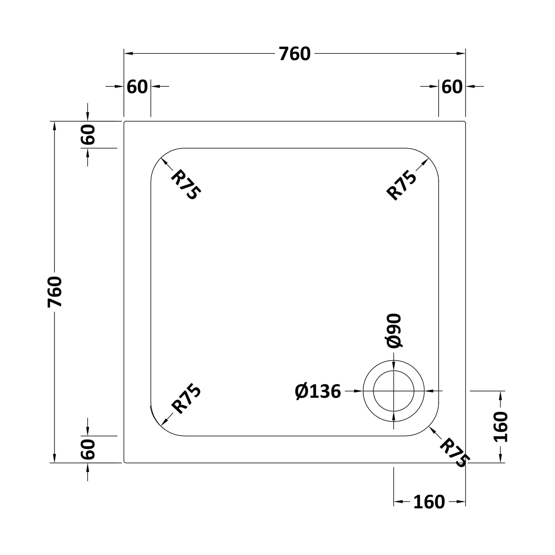 [BETASP7676] White Rectangular Stone Anti-Slip Shower Tray with Corner Waste Position - 760 x 760mm - Balterley - Technical Drawing