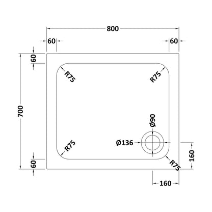 [BETASP8070] White Rectangular Stone Anti-Slip Shower Tray with Corner Waste Position - 800 x 700mm - Balterley - Technical Drawing