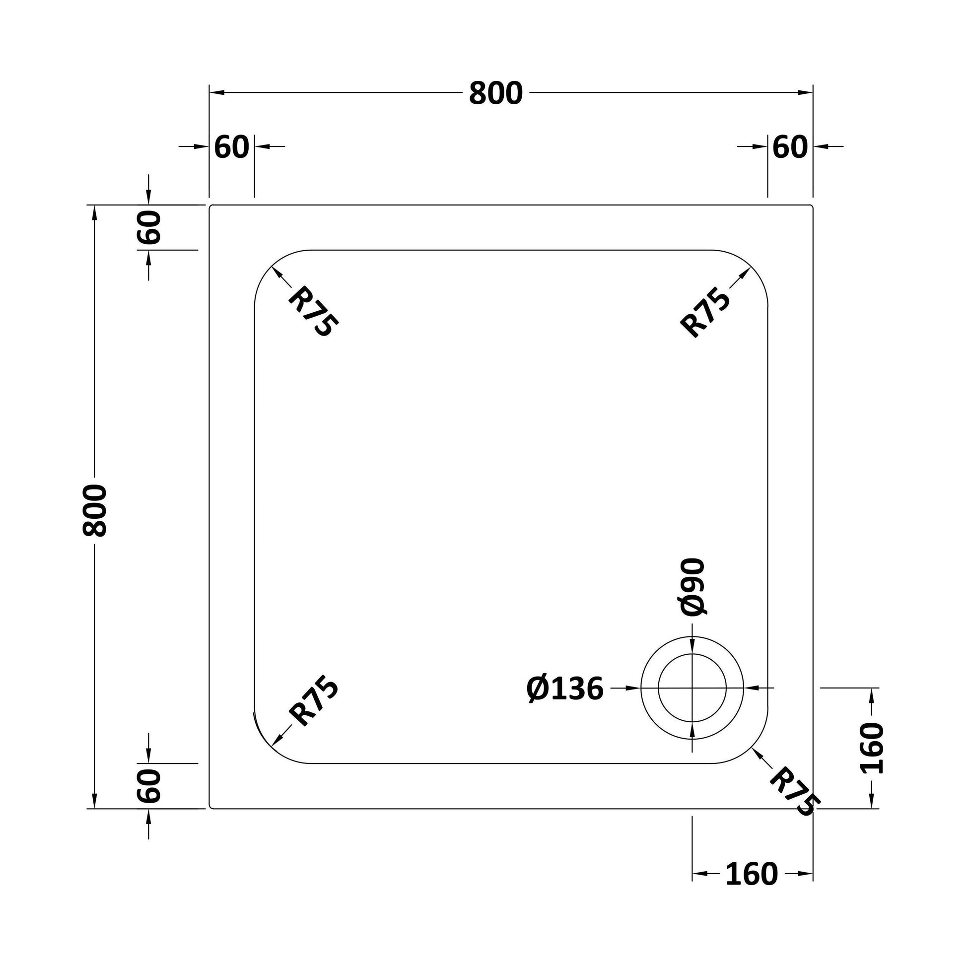 [BETASP8080] White Square Stone Anti-Slip Shower Tray with Corner Waste Position - 800 x 800mm - Balterley - Technical Drawing