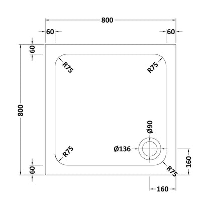 [BETASP8080] White Square Stone Anti-Slip Shower Tray with Corner Waste Position - 800 x 800mm - Balterley - Technical Drawing