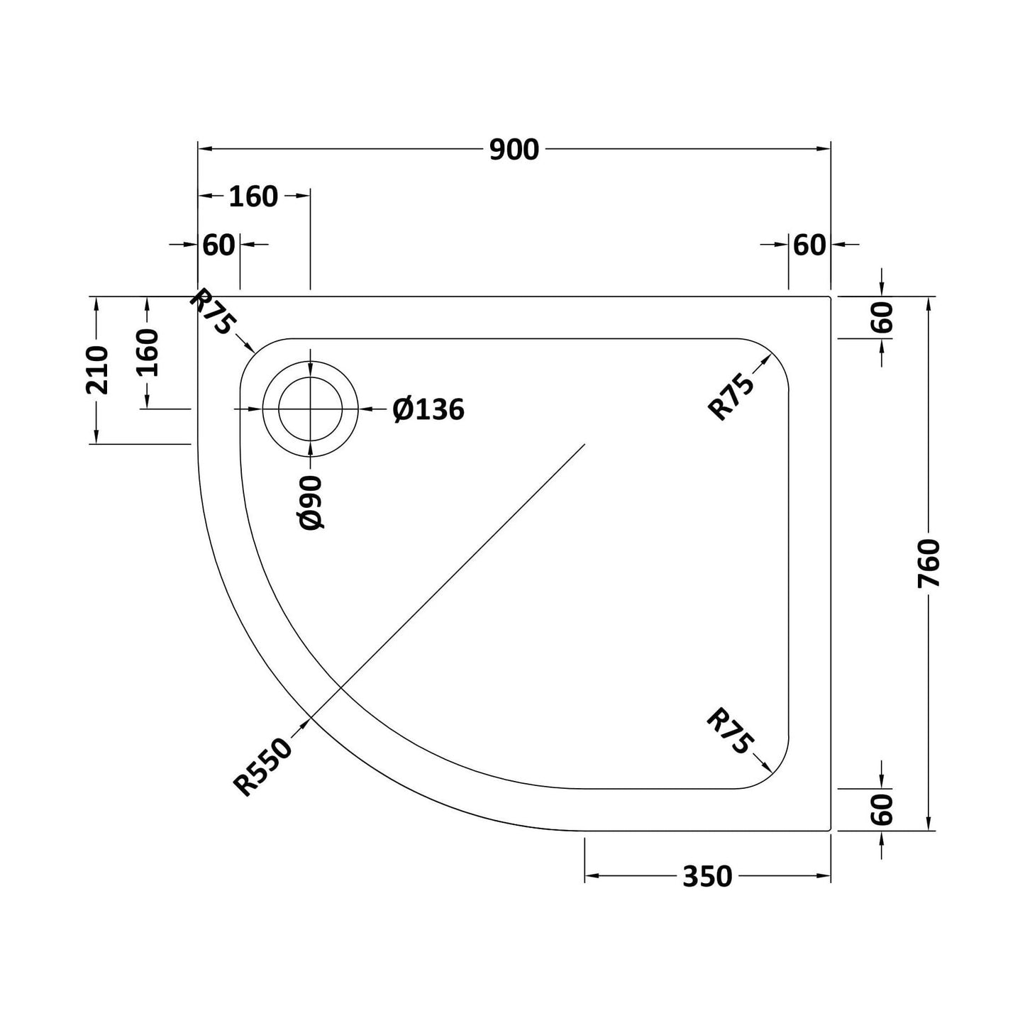 [BETASP9076QL] Bathroom Offset Quadrant Shower Tray, Anti-Slip - Choice of Size and Orientation - Technical Drawing