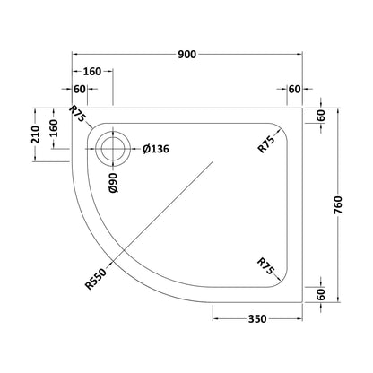 [BETASP9076QL] Bathroom Offset Quadrant Shower Tray, Anti-Slip - Choice of Size and Orientation - Technical Drawing
