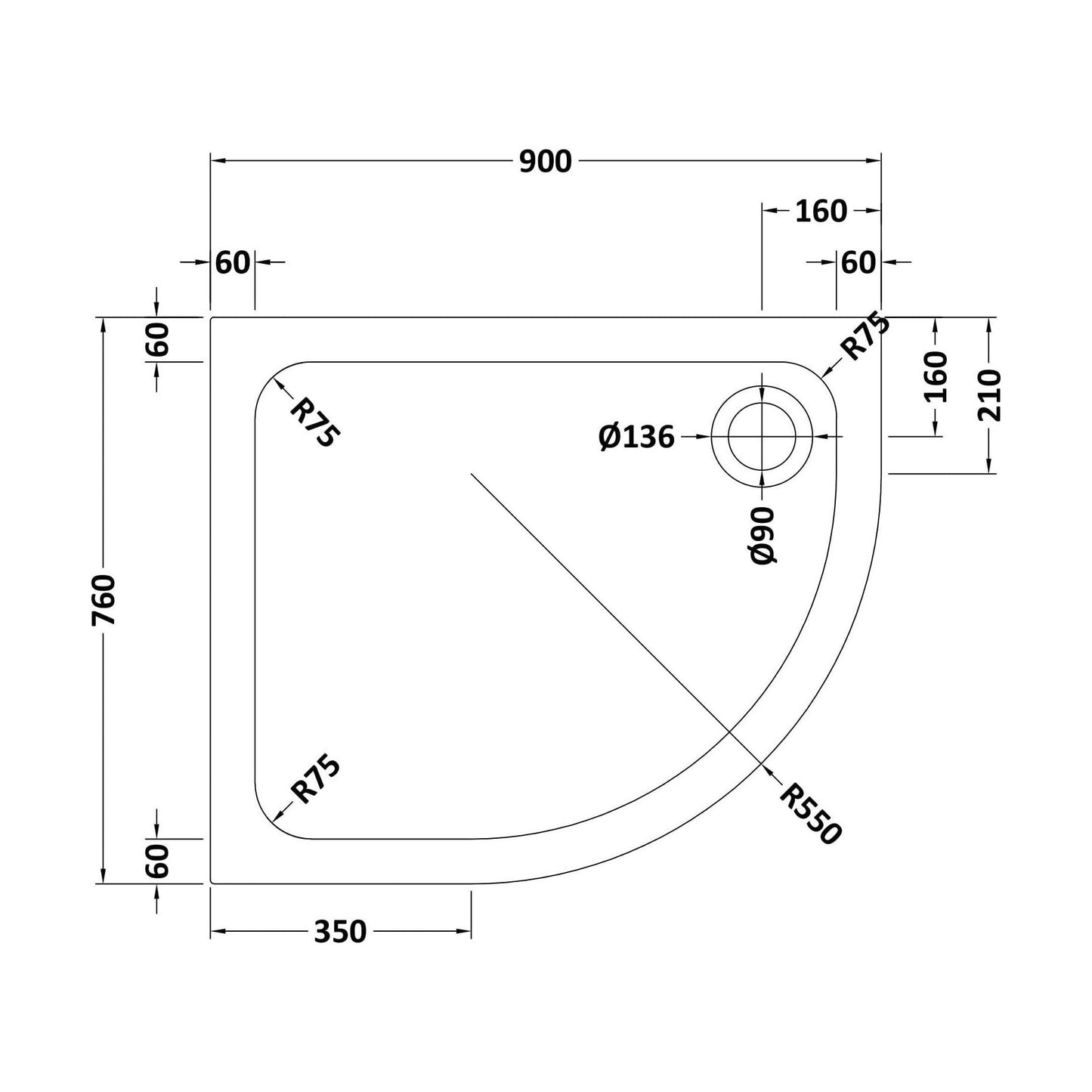 [BETASP9076QR] Bathroom Offset Quadrant Shower Tray, Anti-Slip - Choice of Size and Orientation - Technical Drawing