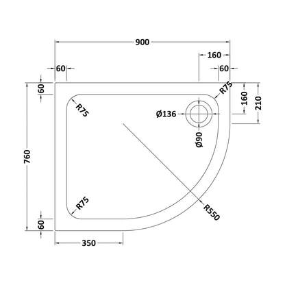 [BETASP9076QR] Bathroom Offset Quadrant Shower Tray, Anti-Slip - Choice of Size and Orientation - Technical Drawing