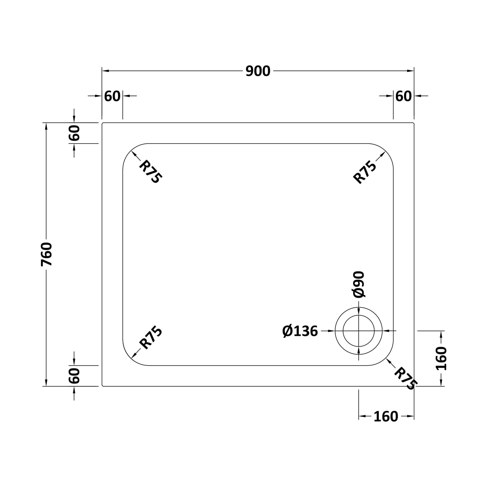 [BETASP9076] White Rectangular Stone Anti-Slip Shower Tray with Corner Waste Position - 900 x 760mm - Balterley - Technical Drawing
