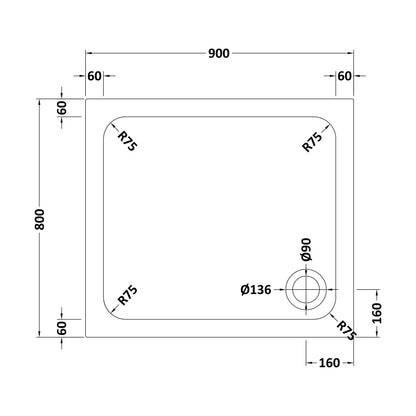 [BETASP9080] White Rectangular Stone Anti-Slip Shower Tray with Corner Waste Position - 900 x 800mm - Balterley - Technical Drawing