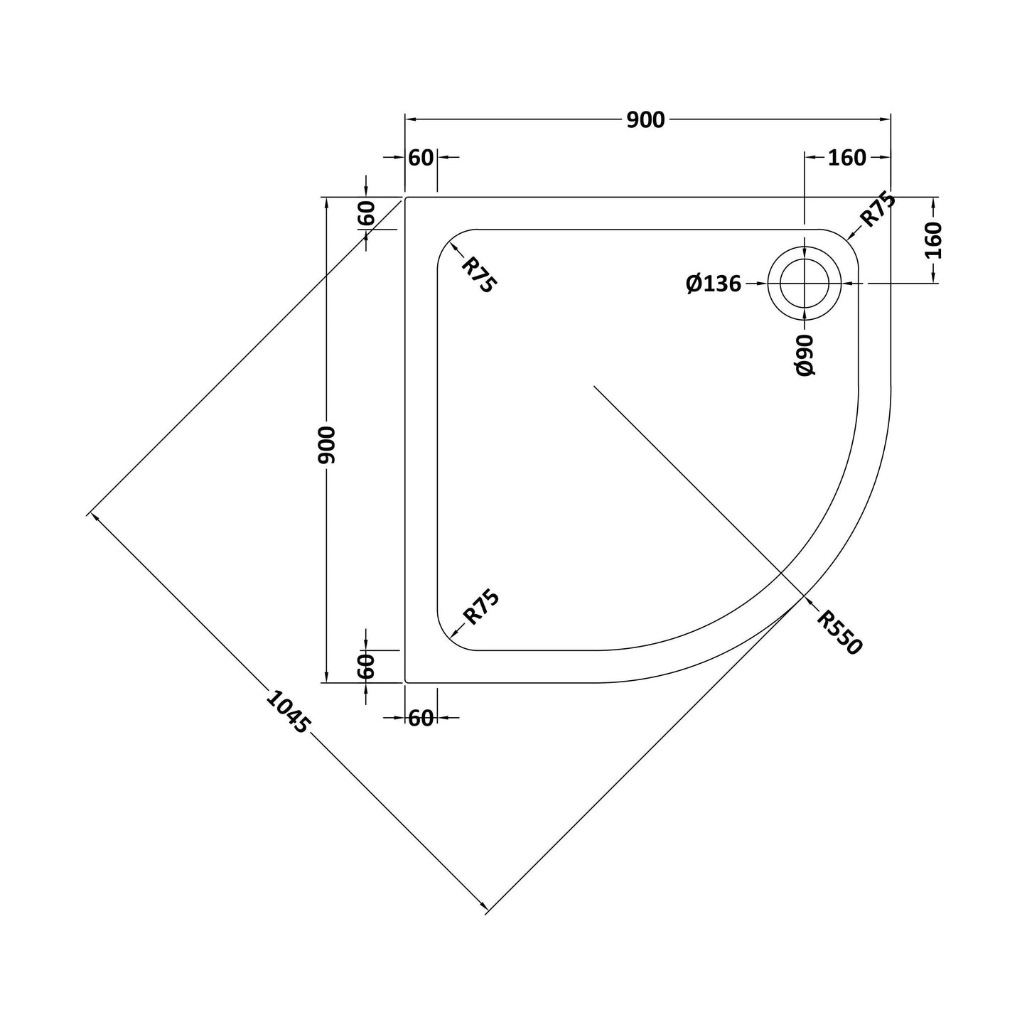 [BETASP9090Q] White Quadrant Stone Slip Resistant Shower Tray with Corner Waste Position - 900 x 900mm - Balterley - Technical Drawing