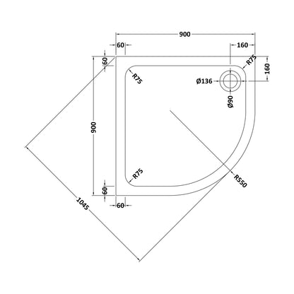 [BETASP9090Q] White Quadrant Stone Slip Resistant Shower Tray with Corner Waste Position - 900 x 900mm - Balterley - Technical Drawing