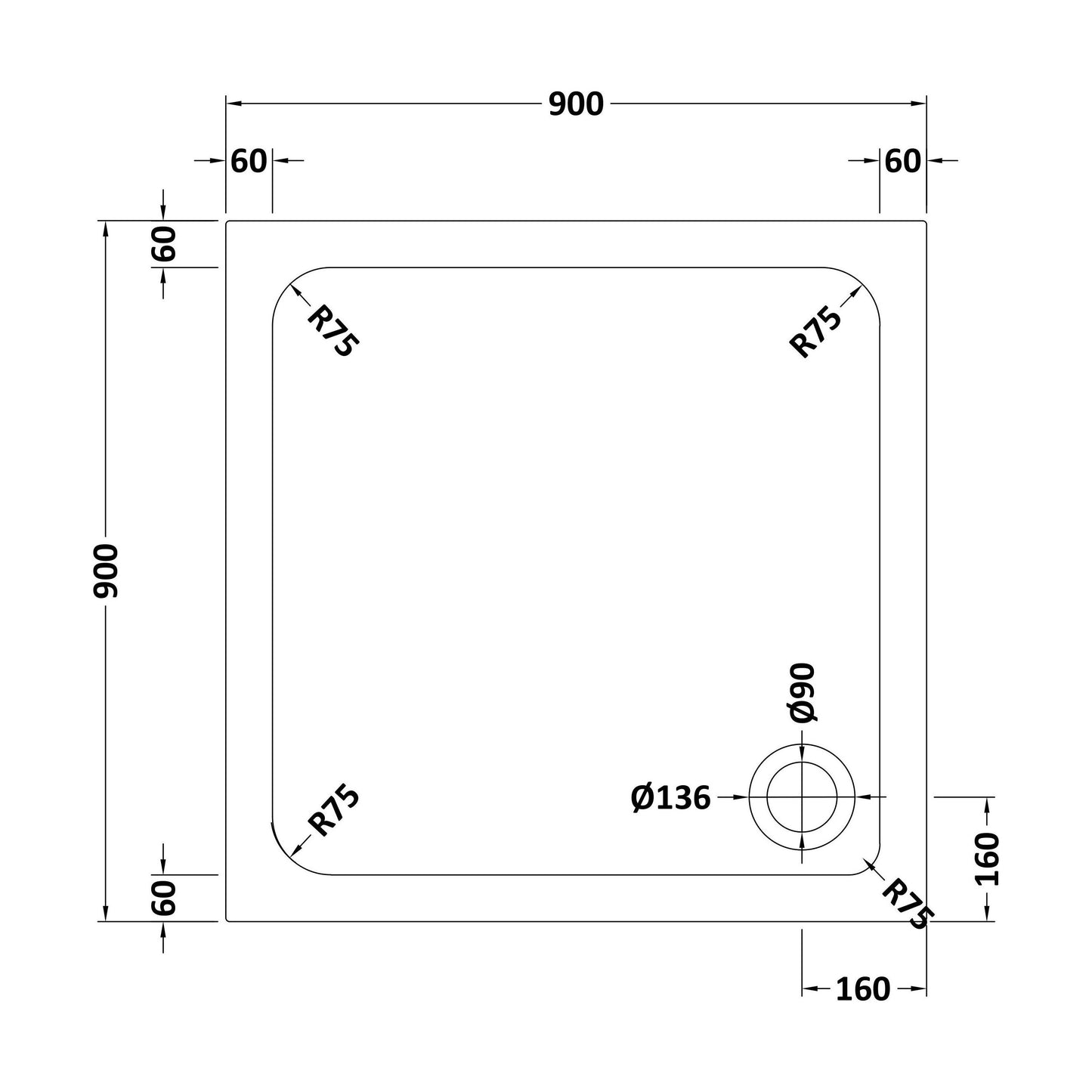 [BETASP9090] White Square Stone Anti-Slip Shower Tray with Corner Waste Position - 900 x 900mm - Balterley - Technical Drawing
