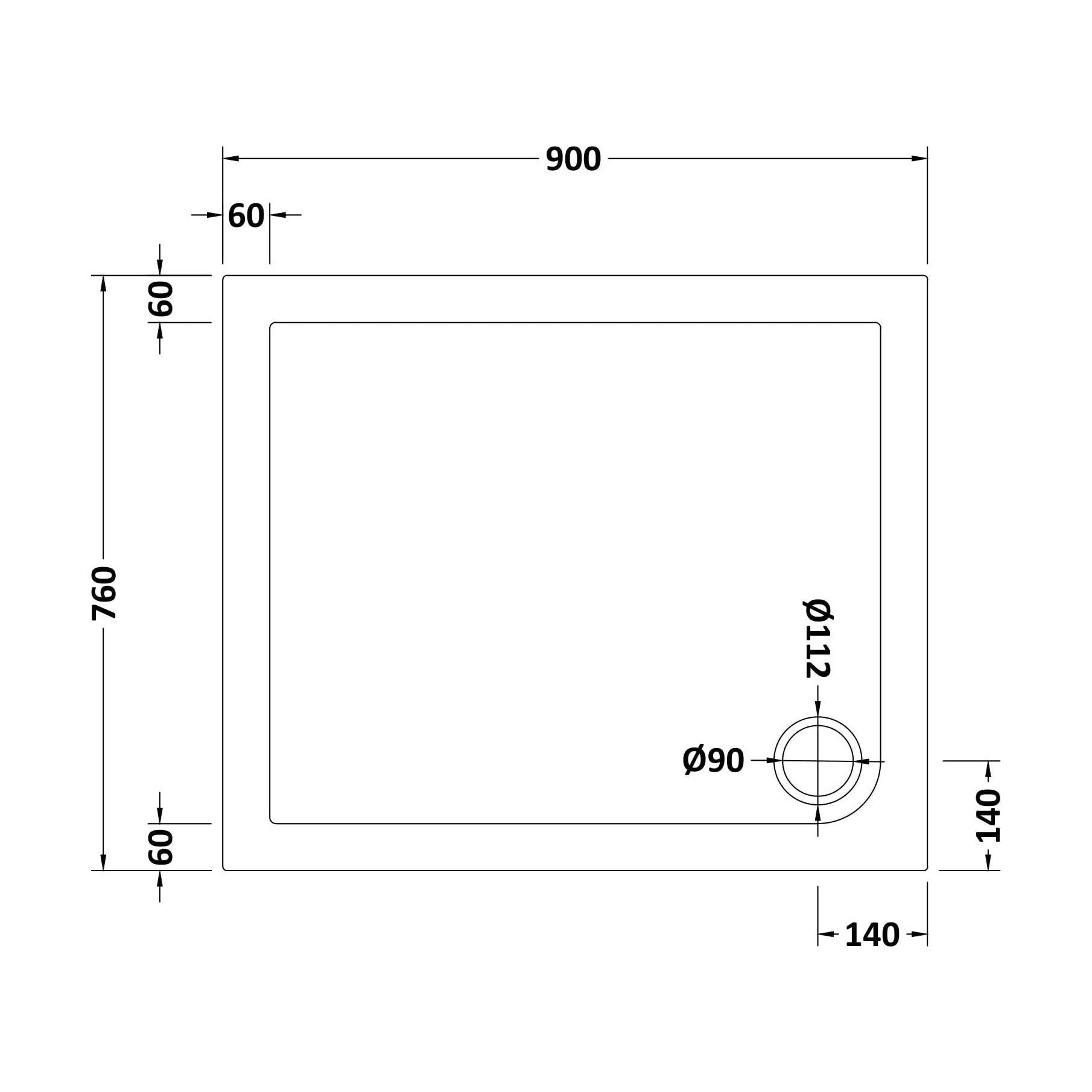 [BETR008] Balterley Shower Tray Modern Rectangular 40mm Profile Slimline, White or Grey - Multiple Sizes Available - Technical Drawing