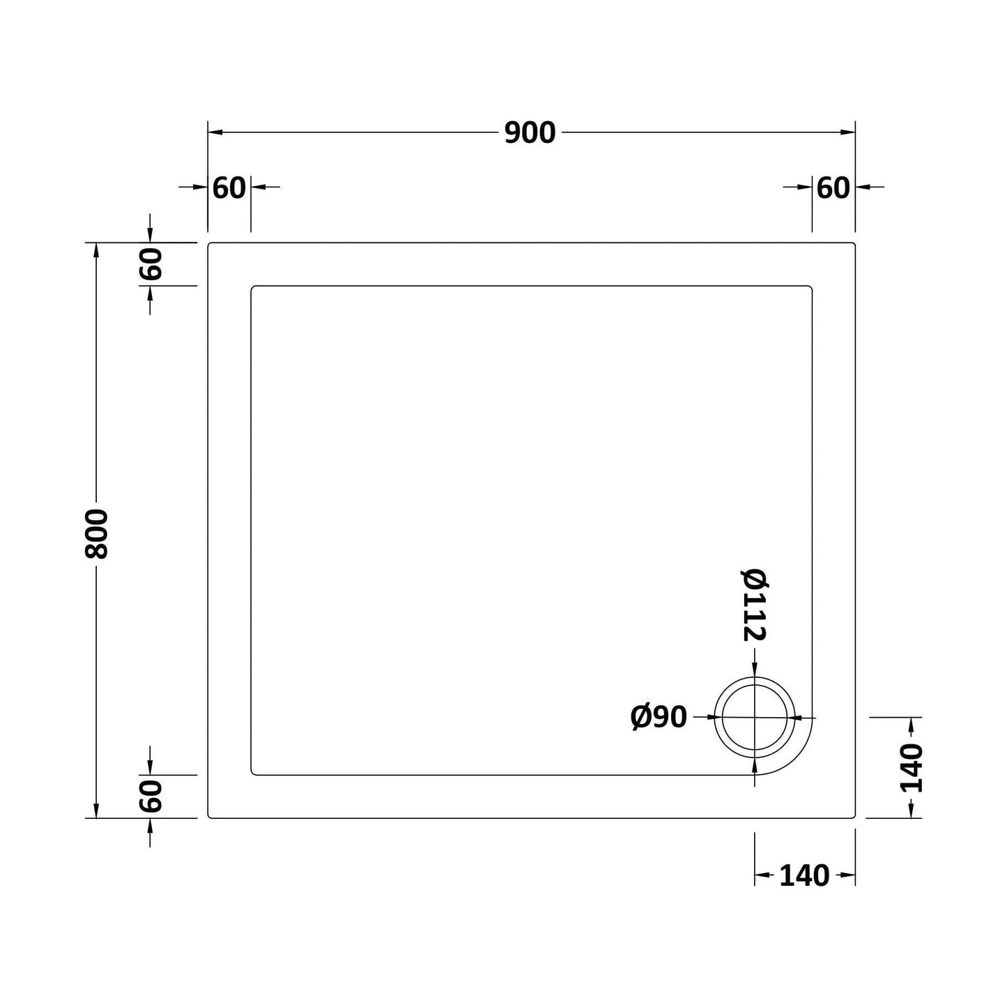 [BETR009] Balterley Shower Tray Modern Rectangular 40mm Profile Slimline, White or Grey - Multiple Sizes Available - Technical Drawing