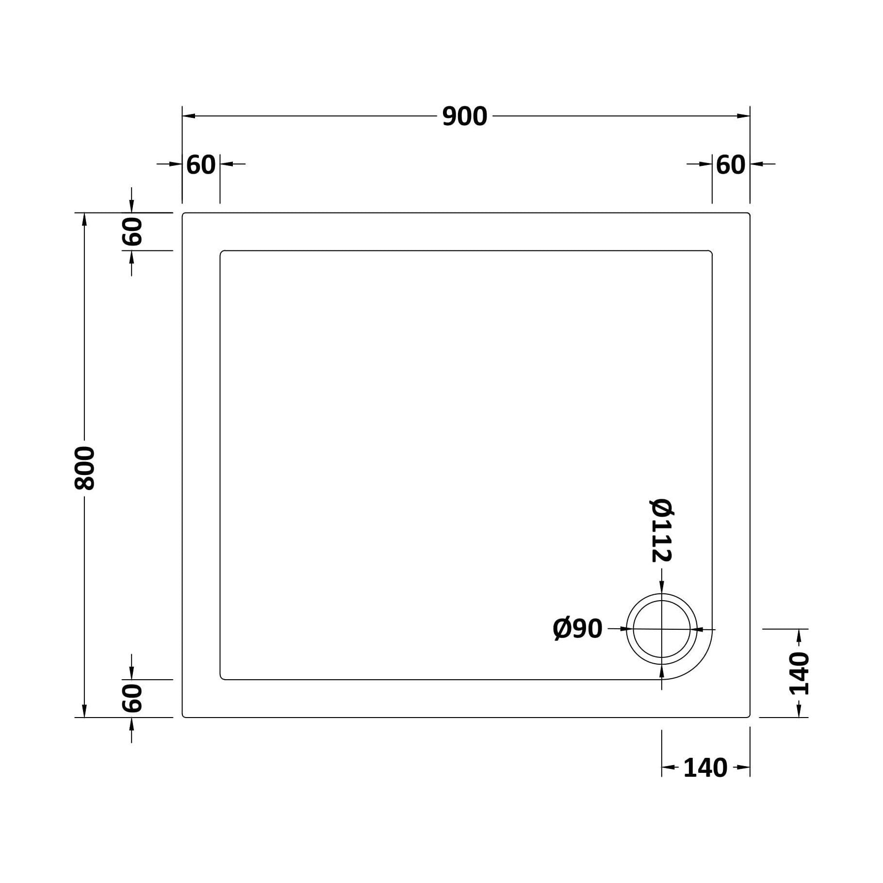 [BETR009] Balterley Shower Tray Modern Rectangular 40mm Profile Slimline, White or Grey - Multiple Sizes Available - Technical Drawing