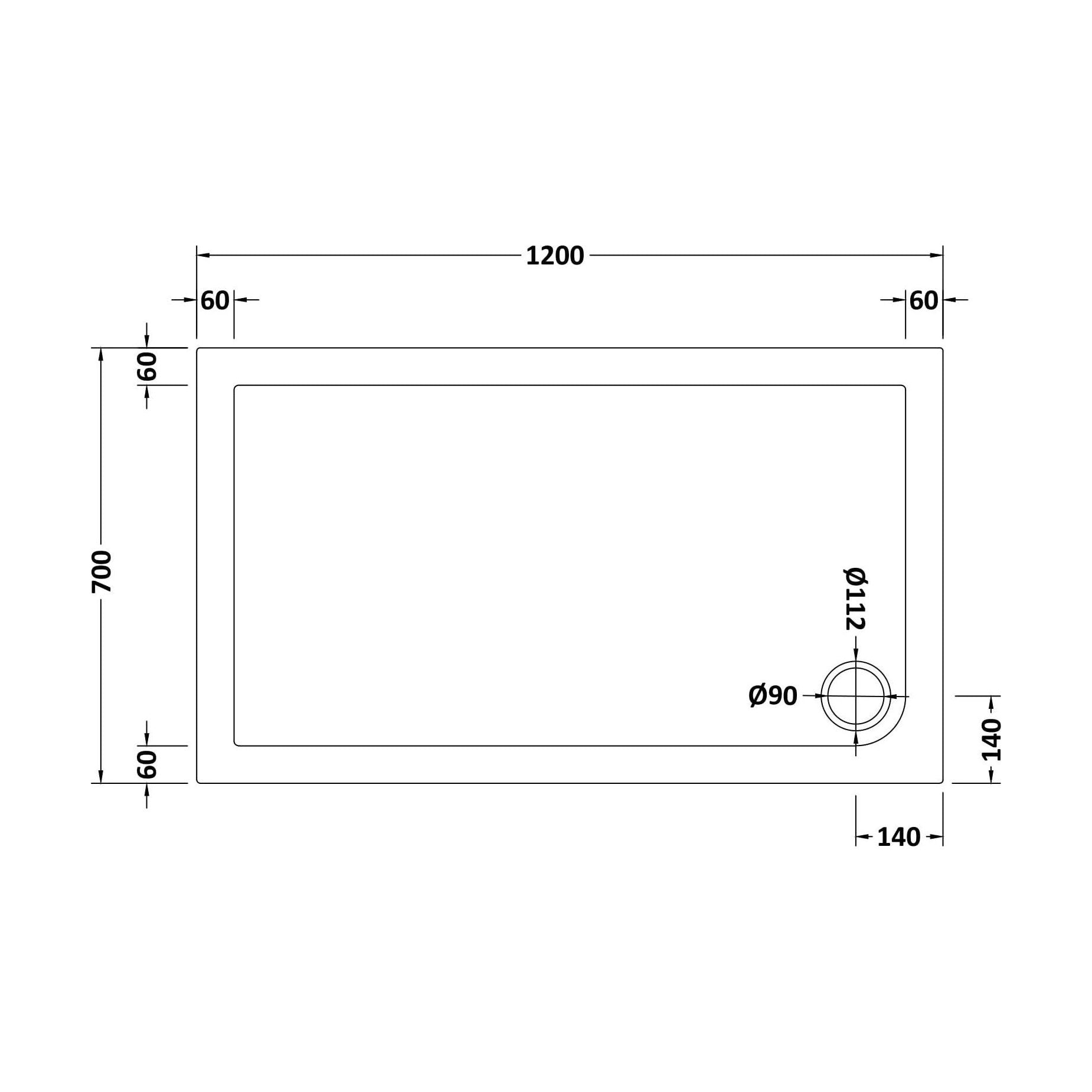 [BETR011] Balterley Shower Tray Modern Rectangular 40mm Profile Slimline, White or Grey - Multiple Sizes Available - Technical Drawing