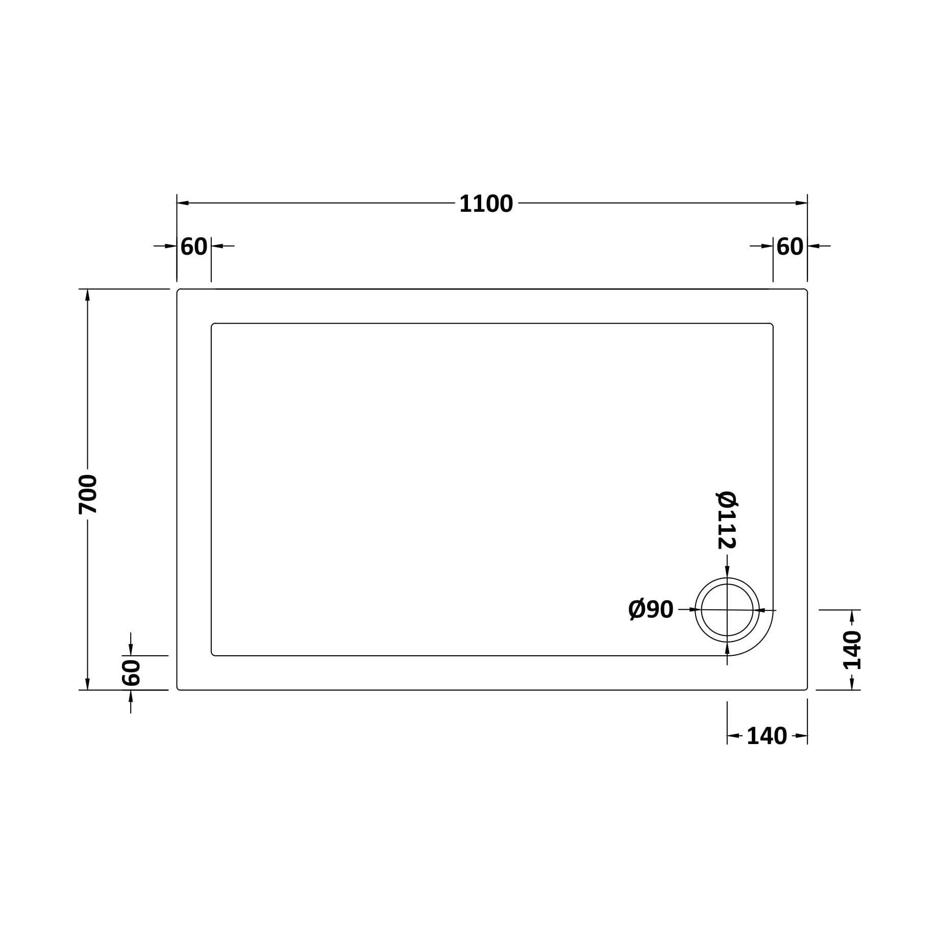 [BETR016] Balterley Shower Tray Modern Rectangular 40mm Profile Slimline, White or Grey - Multiple Sizes Available - Technical Drawing
