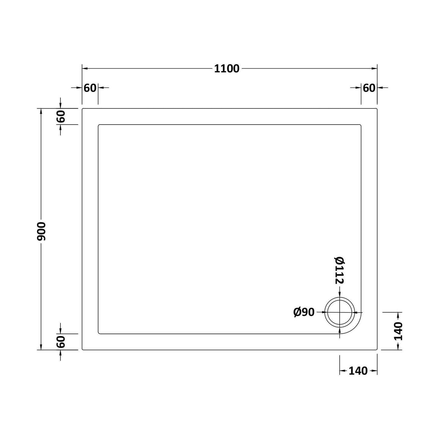 [BETR019] Balterley Shower Tray Modern Rectangular 40mm Profile Slimline, White or Grey - Multiple Sizes Available - Technical Drawing