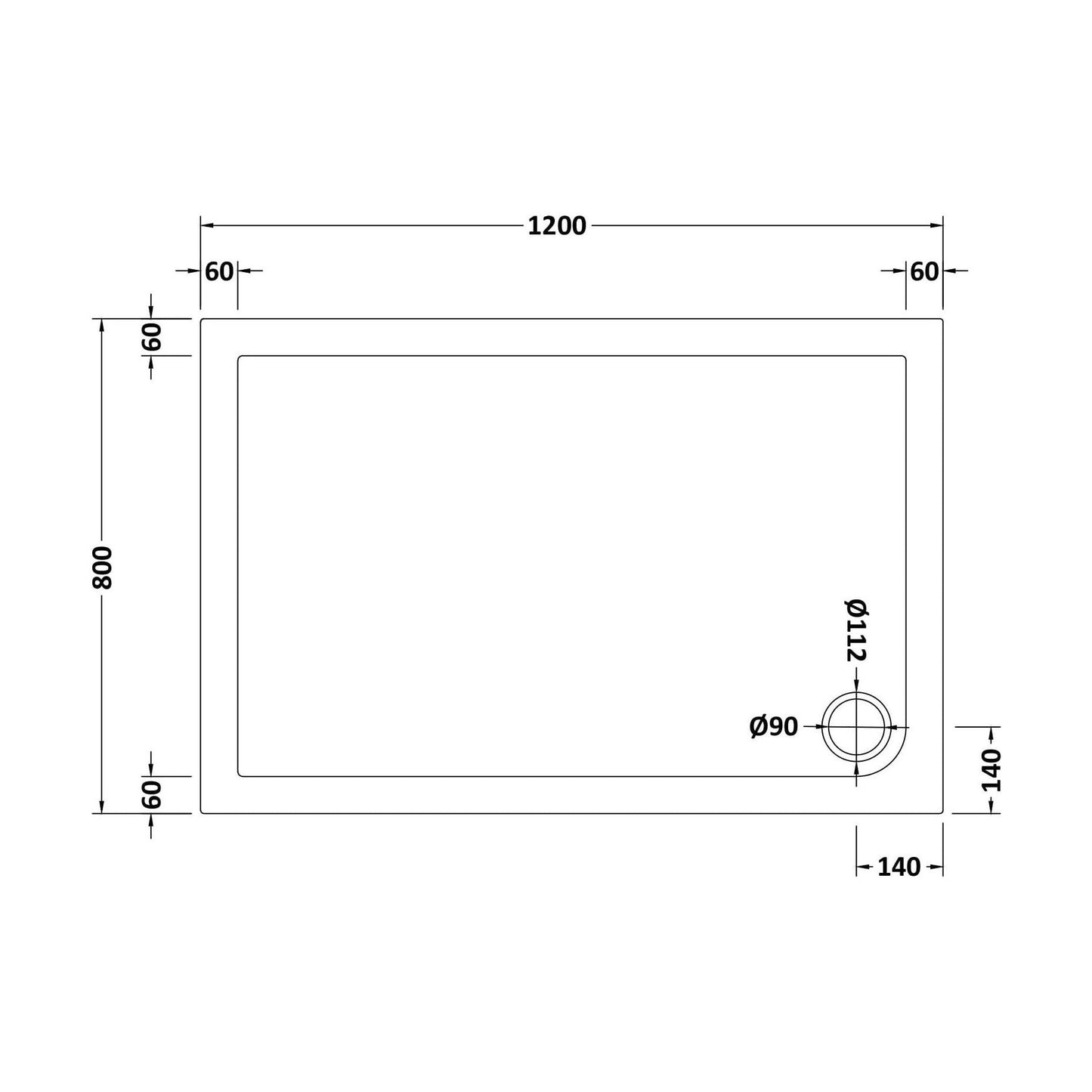 [BETR023] Balterley Shower Tray Modern Rectangular 40mm Profile Slimline, White or Grey - Multiple Sizes Available - Technical Drawing