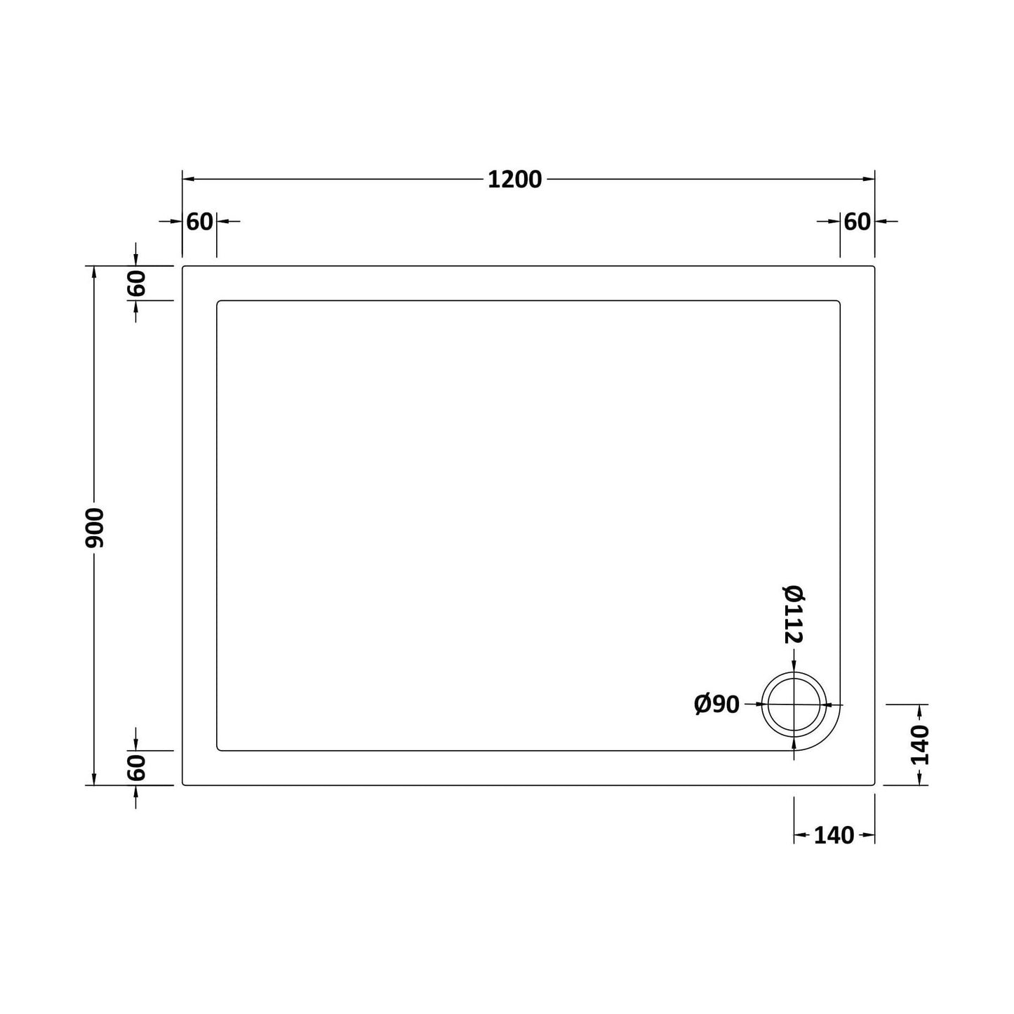 [BETR024] Balterley Shower Tray Modern Rectangular 40mm Profile Slimline, White or Grey - Multiple Sizes Available - Technical Drawing