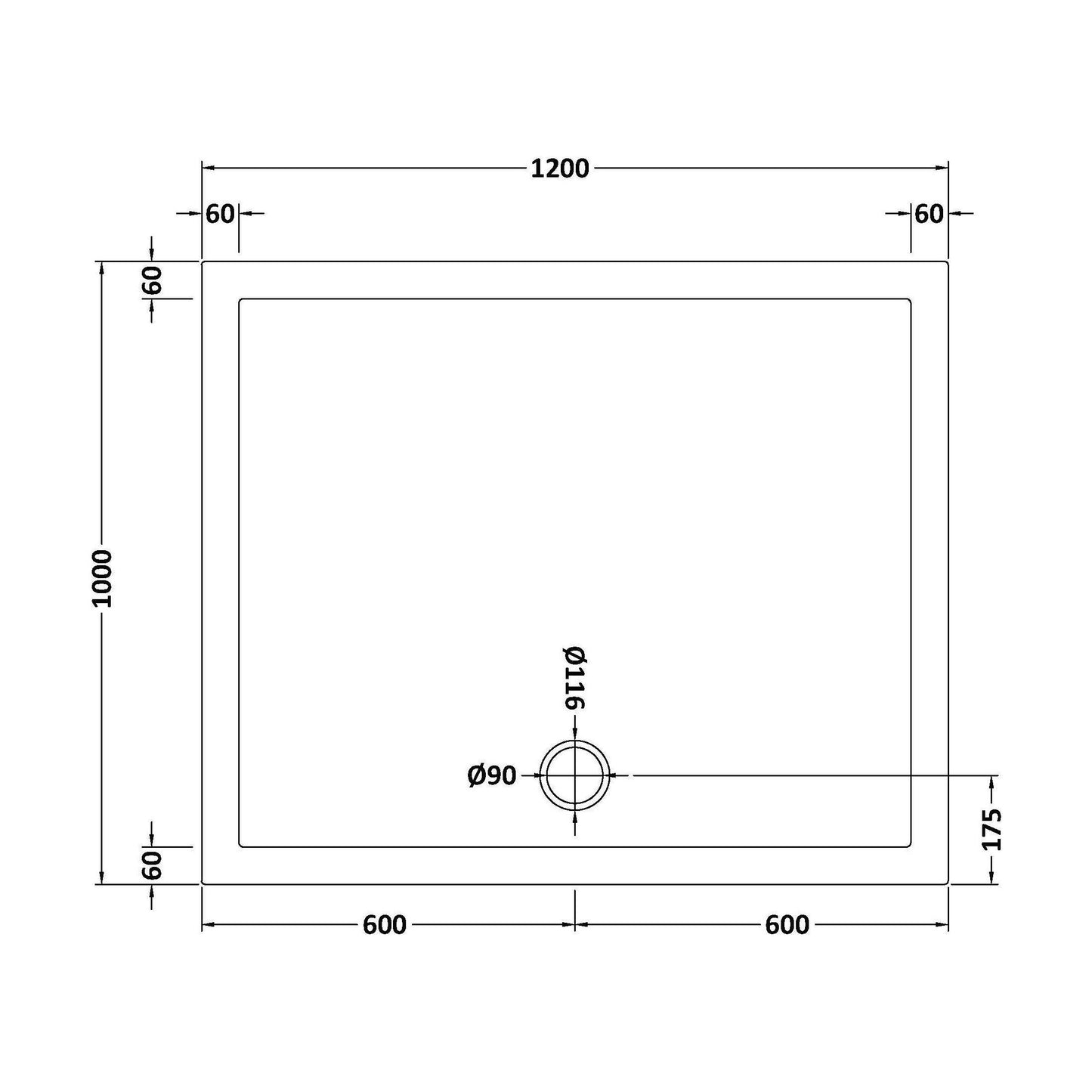 [BETR025] Balterley Shower Tray Modern Rectangular 40mm Profile Slimline, White or Grey - Multiple Sizes Available - Technical Drawing