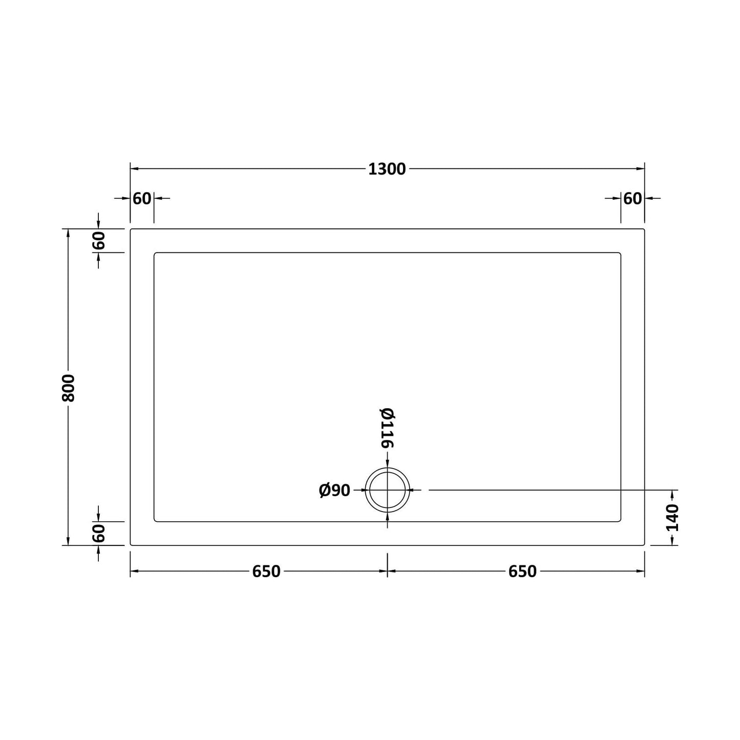 [BETR028] Balterley Shower Tray Modern Rectangular 40mm Profile Slimline, White or Grey - Multiple Sizes Available - Technical Drawing