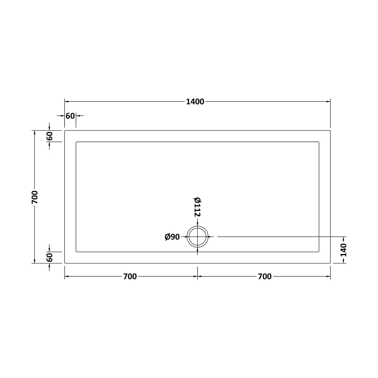 [BETR031] Balterley Shower Tray Modern Rectangular 40mm Profile Slimline, White or Grey - Multiple Sizes Available - Technical Drawing