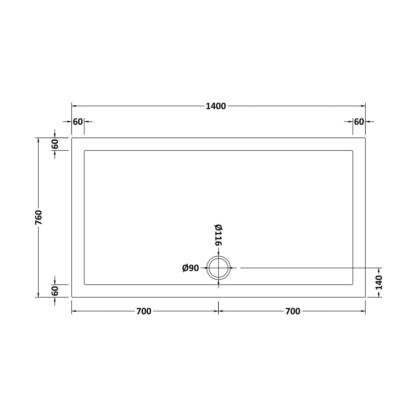 [BETR032] Balterley Shower Tray Modern Rectangular 40mm Profile Slimline, White or Grey - Multiple Sizes Available - Technical Drawing