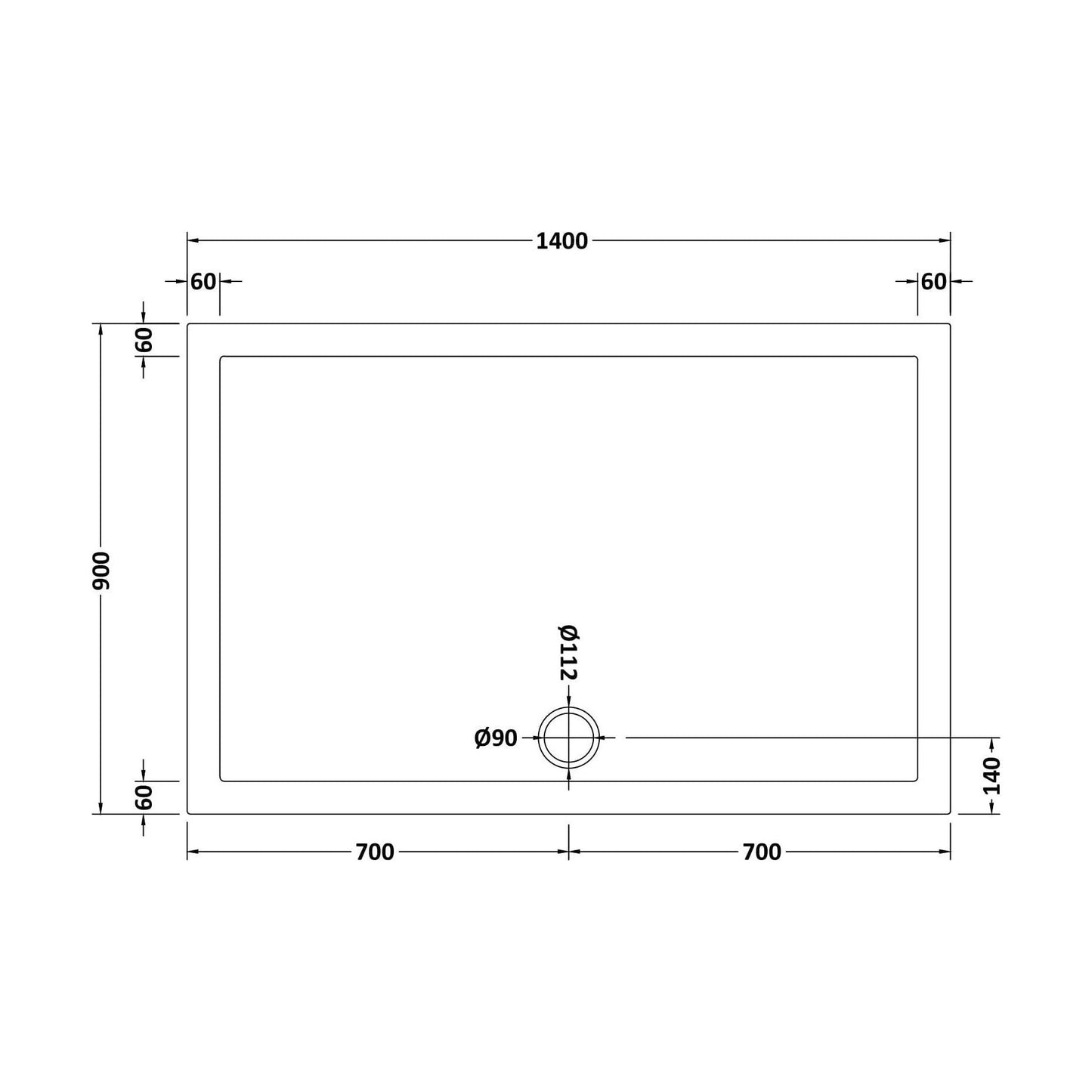 [BETR034] Balterley Shower Tray Modern Rectangular 40mm Profile Slimline, White or Grey - Multiple Sizes Available - Technical Drawing