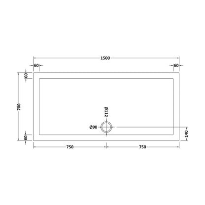 [BETR041] 1500mm x 700mm Premium Rectangular Shower Tray - White - Technical Drawing