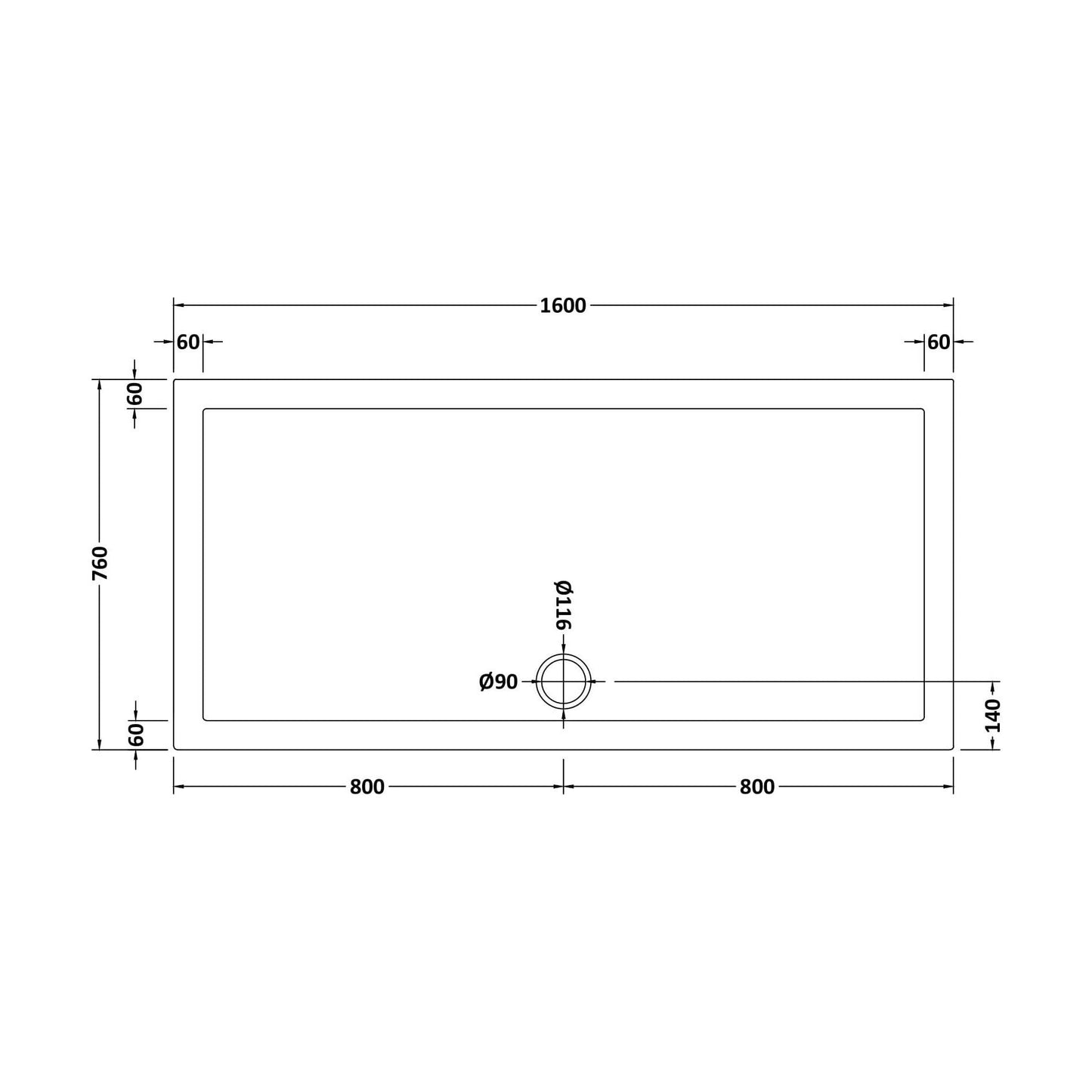 [BETR052] Balterley Shower Tray Modern Rectangular 40mm Profile Slimline, White or Grey - Multiple Sizes Available - Technical Drawing