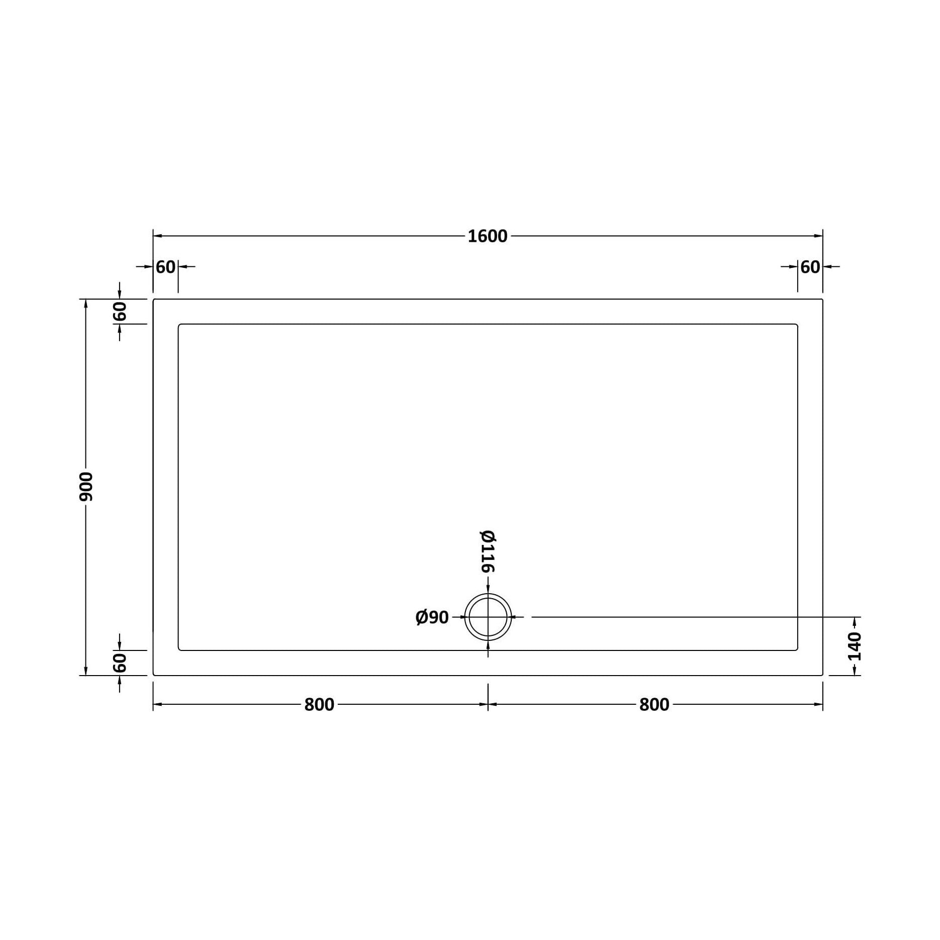 [BETR054] Balterley Shower Tray Modern Rectangular 40mm Profile Slimline, White or Grey - Multiple Sizes Available - Technical Drawing