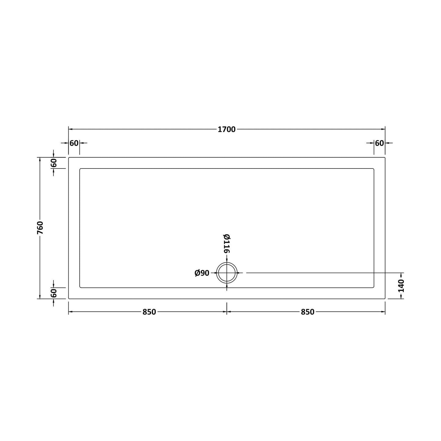 [BETR062] Balterley Shower Tray Modern Rectangular 40mm Profile Slimline, White or Grey - Multiple Sizes Available - Technical Drawing