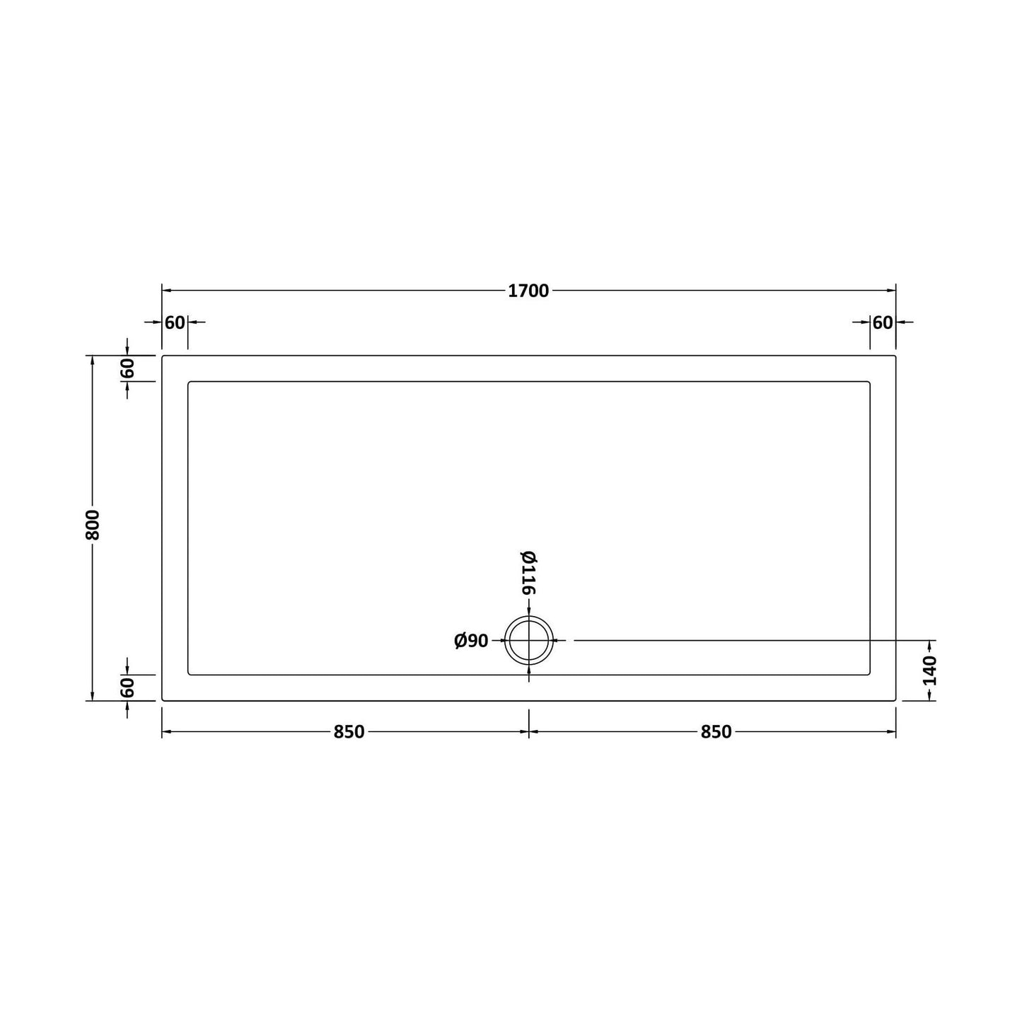 [BETR063] Balterley Shower Tray Modern Rectangular 40mm Profile Slimline, White or Grey - Multiple Sizes Available - Technical Drawing
