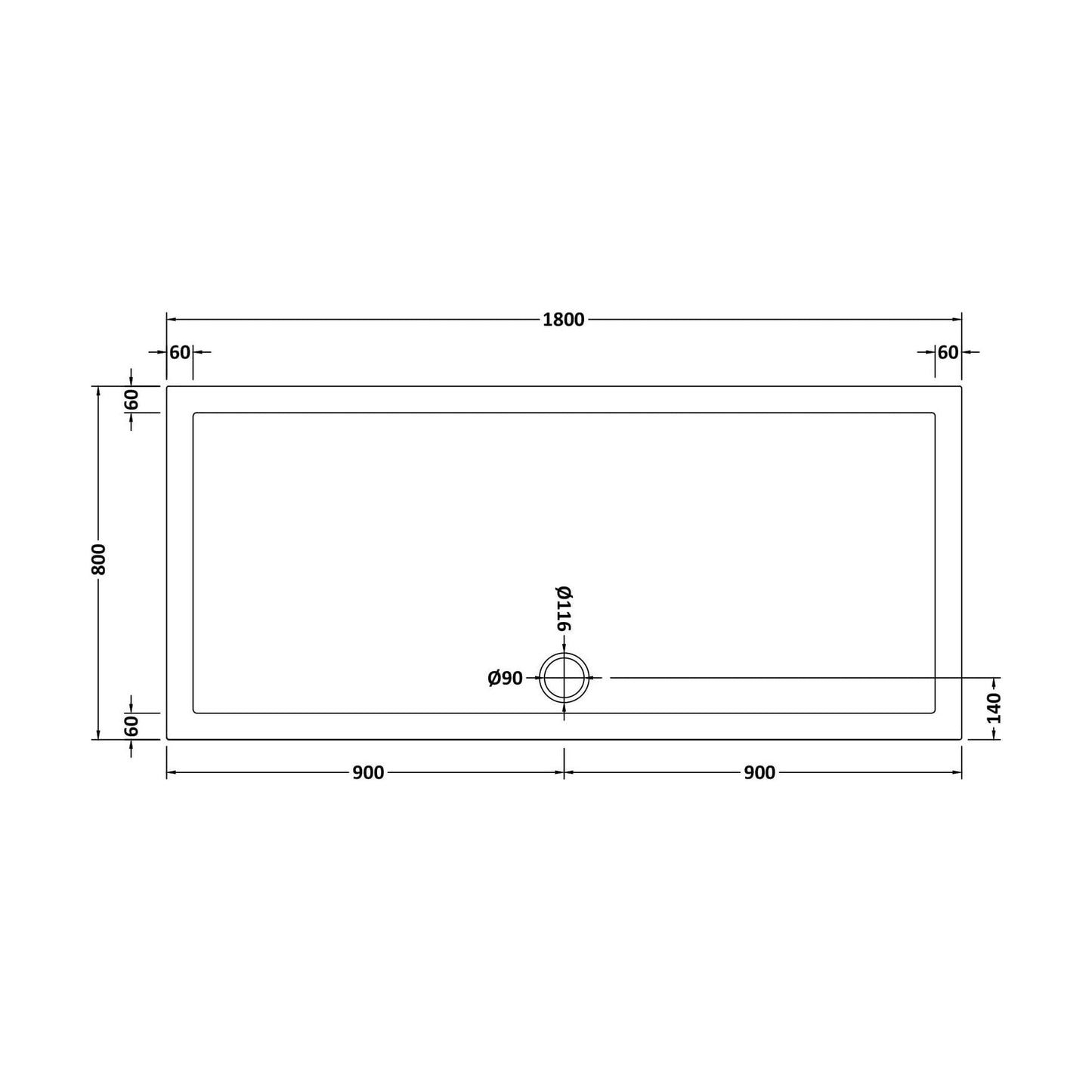 [BETR073] Balterley Shower Tray Modern Rectangular 40mm Profile Slimline, White or Grey - Multiple Sizes Available - Technical Drawing