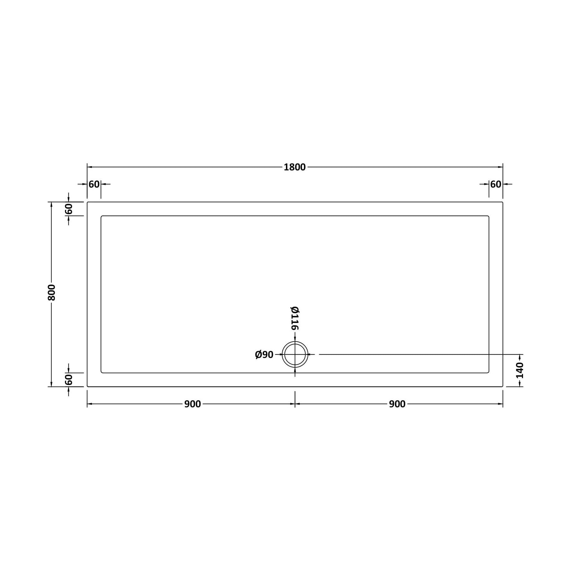 [BETR073] Balterley Shower Tray Modern Rectangular 40mm Profile Slimline, White or Grey - Multiple Sizes Available - Technical Drawing