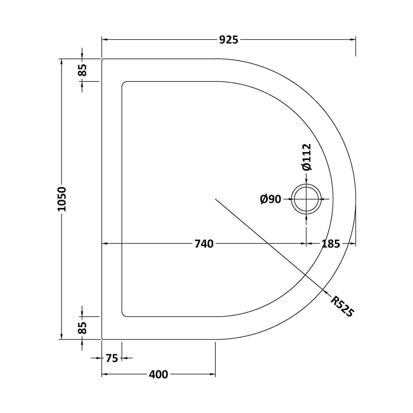 [BETR095] Balterley Shower Tray D Shape, 1050mm - Available in White and Slate Grey - Technical Drawing