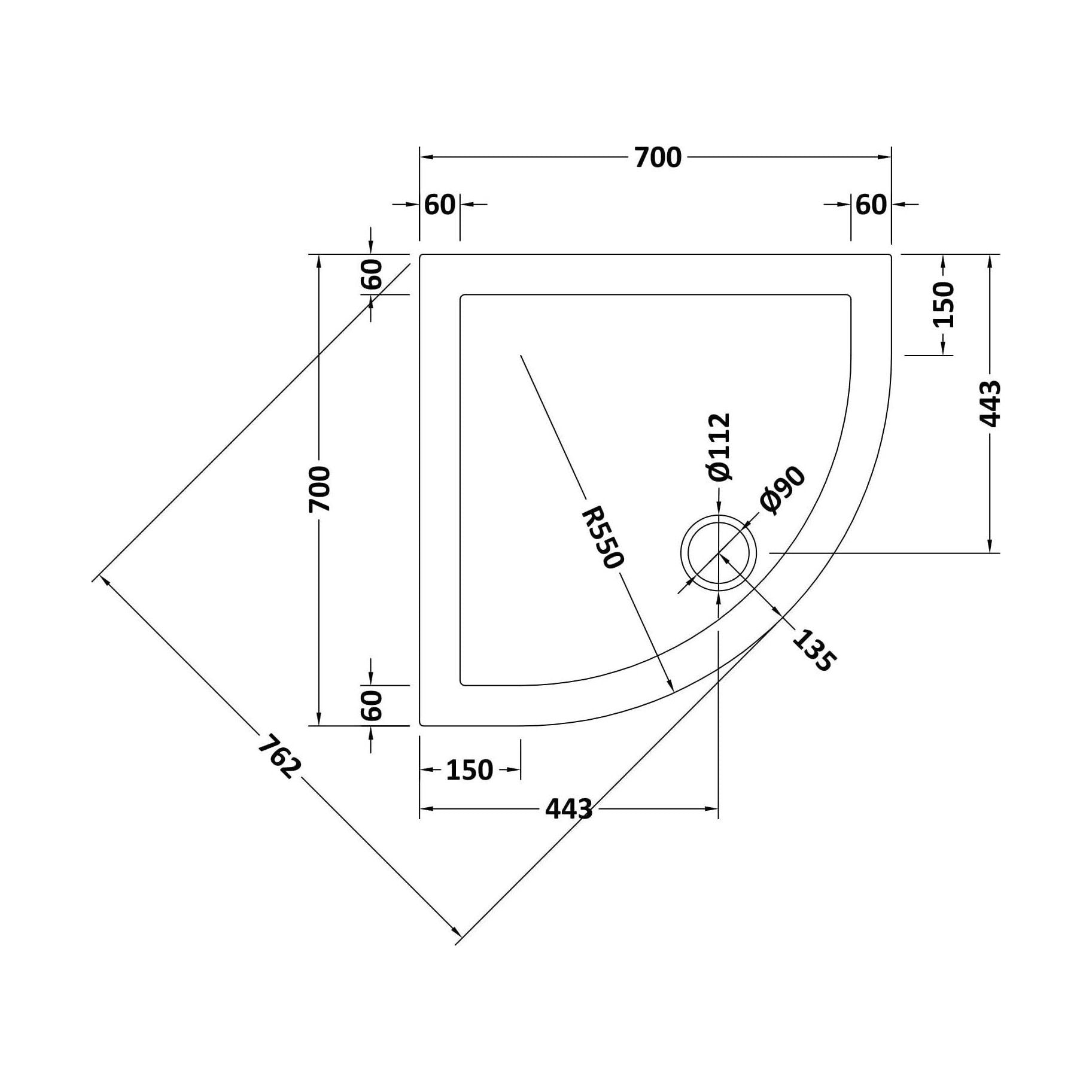 [BETR096] Balterley Shower Tray Quadrant, 40mm Profile Design - Choice of Size and Colour - Technical Drawing