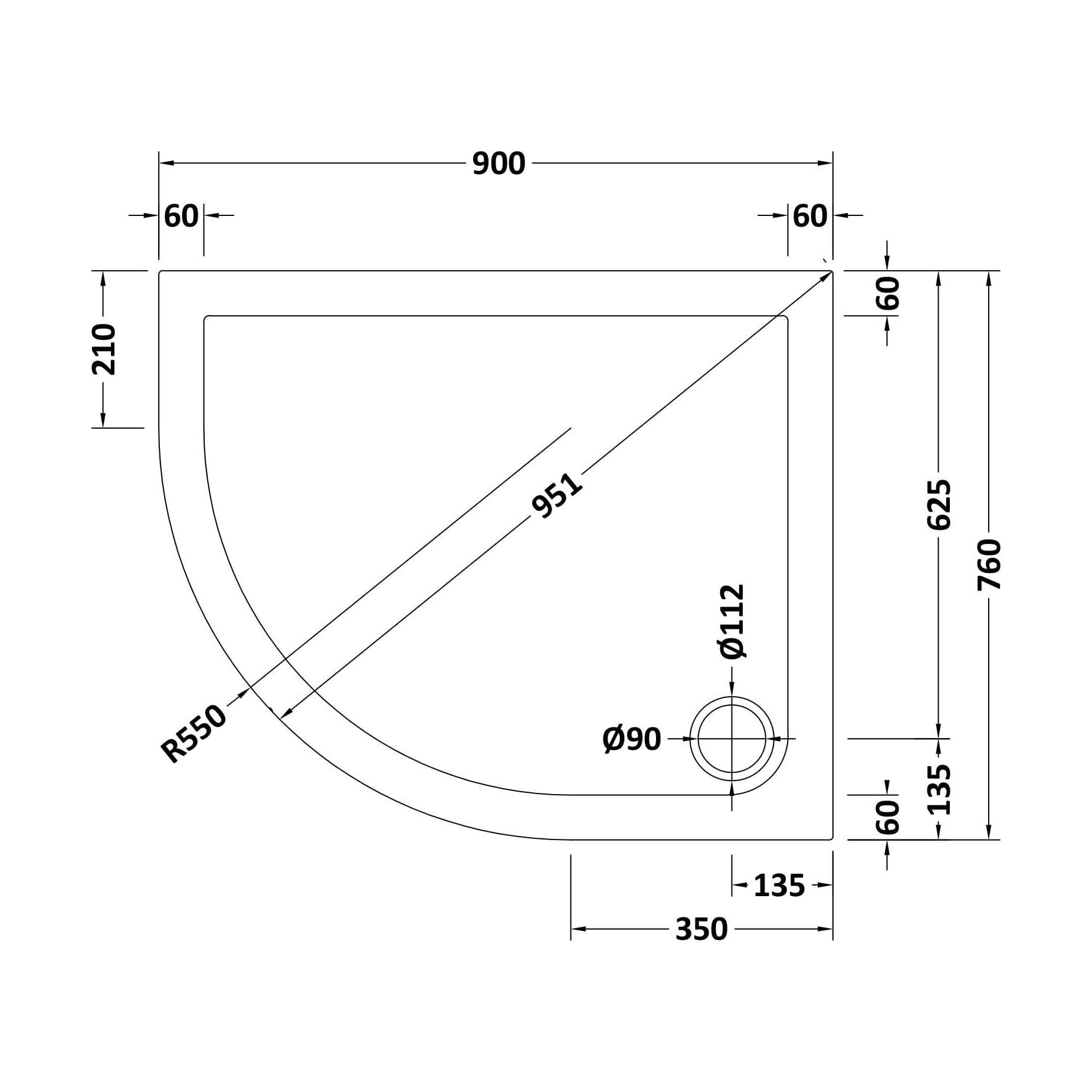 [BETR101] Balterley Shower Tray Modern Offset Quadrant Shower Tray, Left or Right Hand - Choice of Size and Finish - Technical Drawing