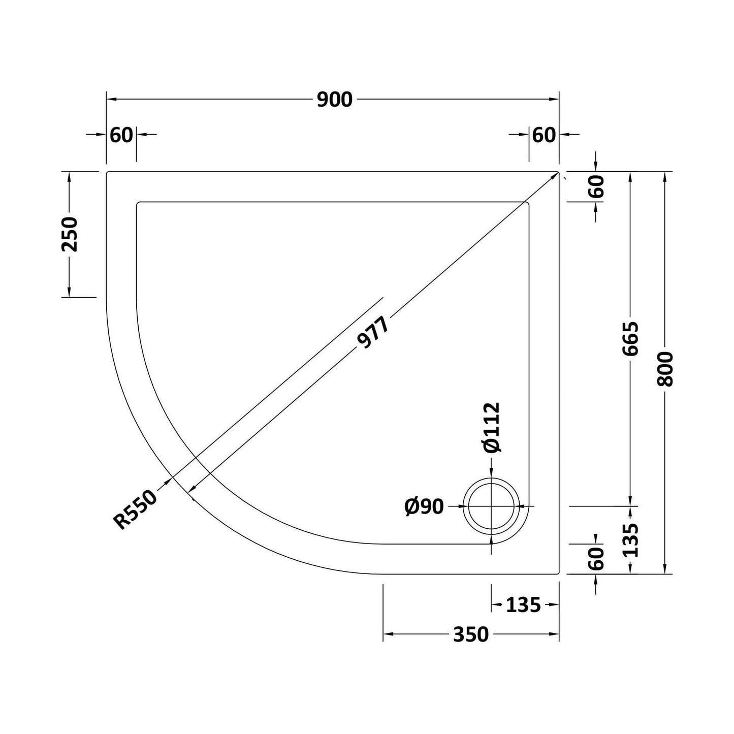 [BETR103] Balterley Shower Tray Modern Offset Quadrant Shower Tray, Left or Right Hand - Choice of Size and Finish - Technical Drawing